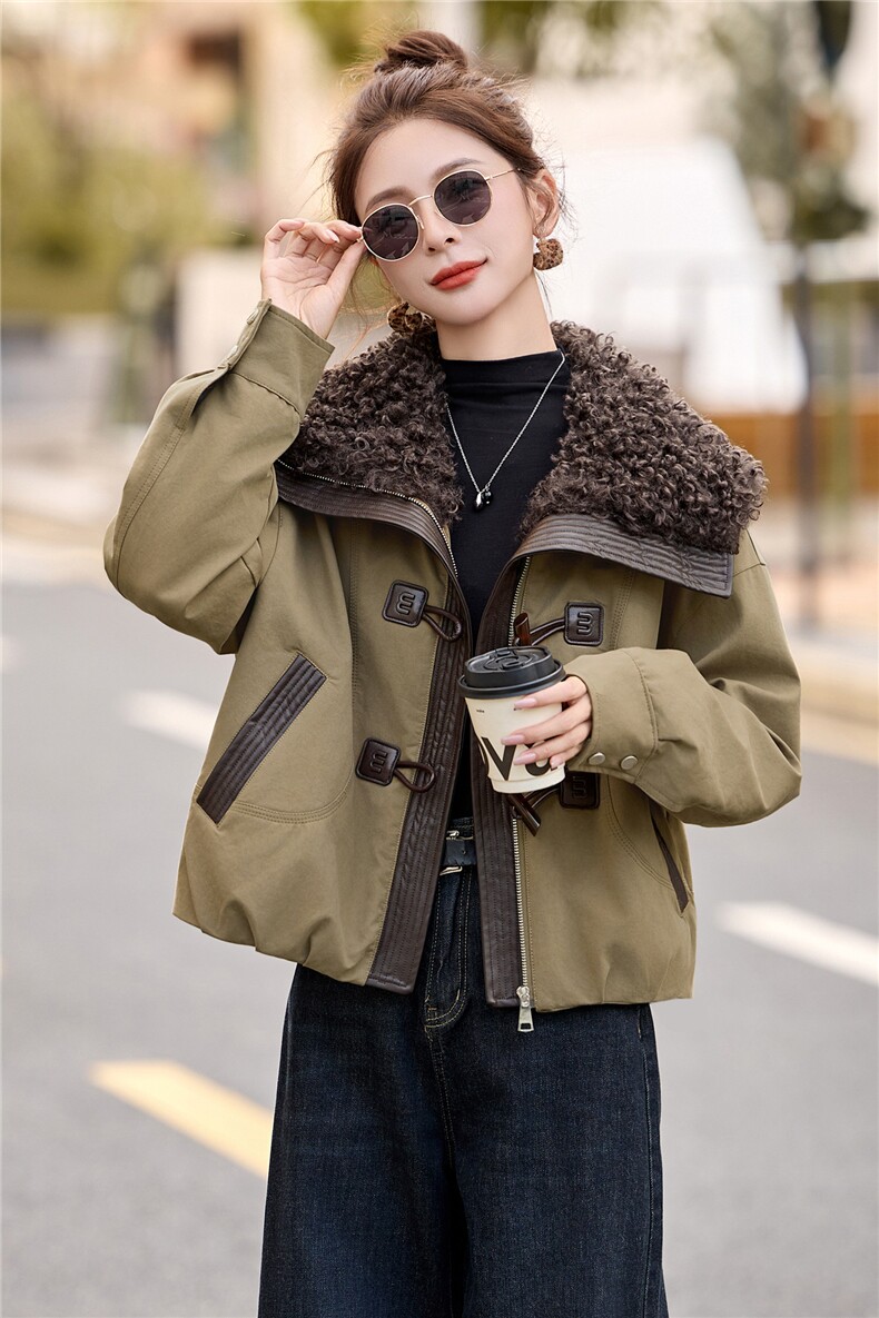 现货工装大翻领短款羽绒服女2026冬季新款加厚保暖派克服外套,女装羽绒服,美沁