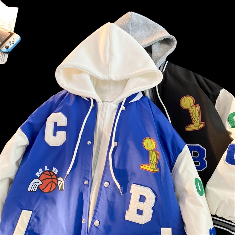 假两件连帽情侣装棒球服夹克棉衣棉服棉袄男女外套3317-P90控138图片