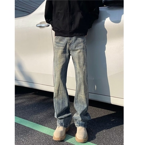 美式闪电纹做旧微喇牛仔裤青少年情侣直筒水洗直筒裤LA2633-P53,白色棉麻直筒裤子搭配图片