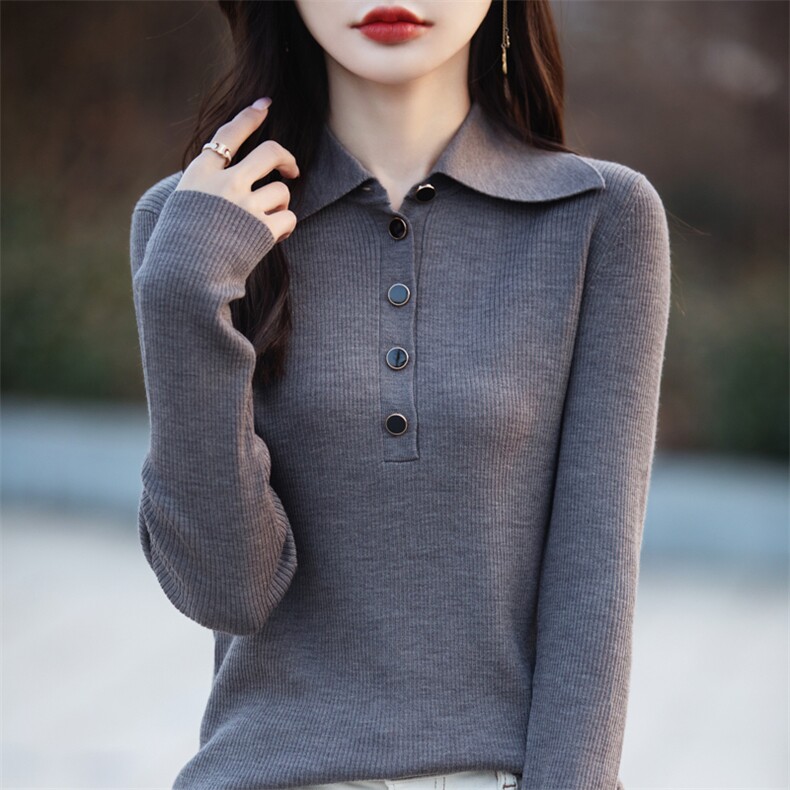 春秋季新款POLO领超细羊毛针织衫女毛衣翻领高级感打底衫内搭上衣,女装羊毛衫,戎美山