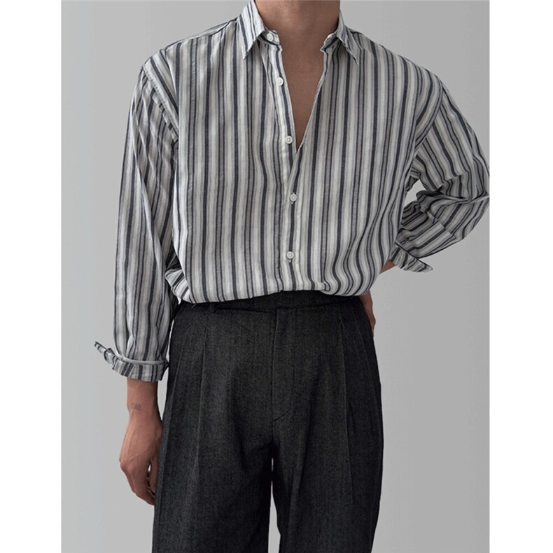 翻领竖条纹衬衫男春款日系高品质轻熟风休闲痞帅长袖衬衣823P50，男装衬衫，星座710