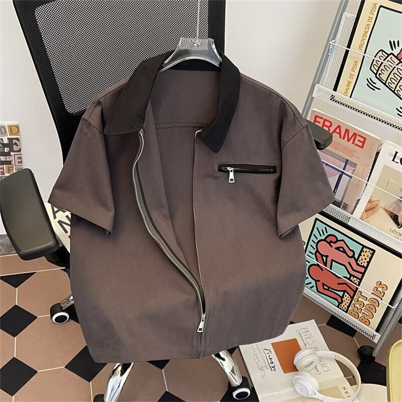 W515-P45美式复古撞色翻领短袖衬衫潮牌cleanfit底特律工装衬衣,男装T恤,星座911-1