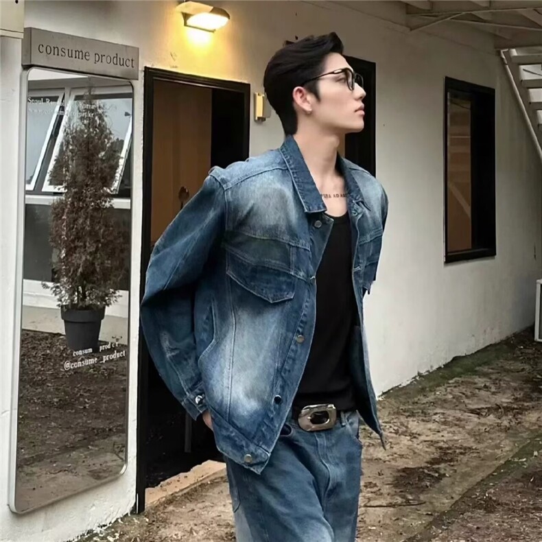 小众复古水洗牛仔夹克男春秋季美式设计感宽松做旧休闲风解构外套,男装工装外套,星座1210-1