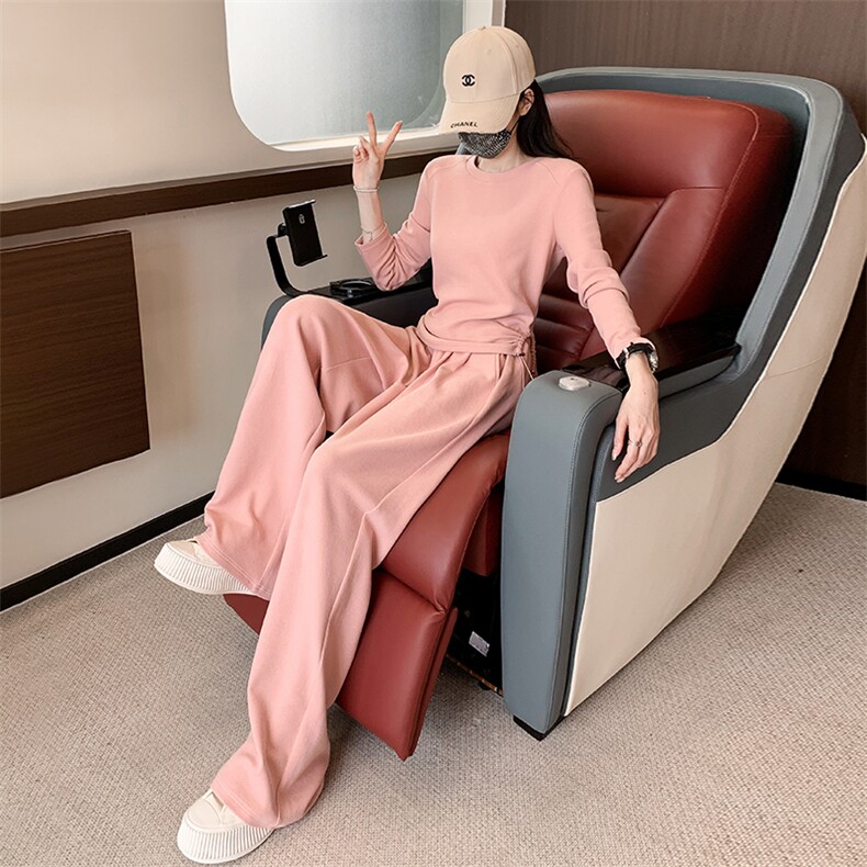 女秋季新款显瘦长袖上衣高腰阔腿裤两件套潮,女装套装/套裙,江南