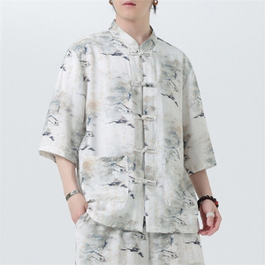 2025春季新款风男装盘扣新中式唐装竹叶印花衬衫 C115-P50图片