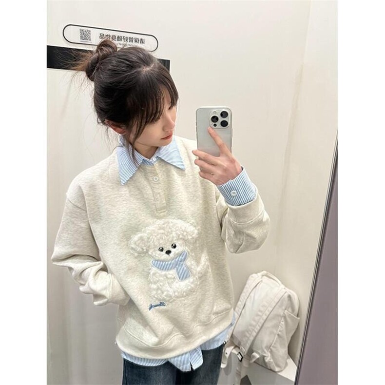 网图现货~学院风可爱毛绒小狗假两件POLO领卫衣男女长袖上衣WB652图片
