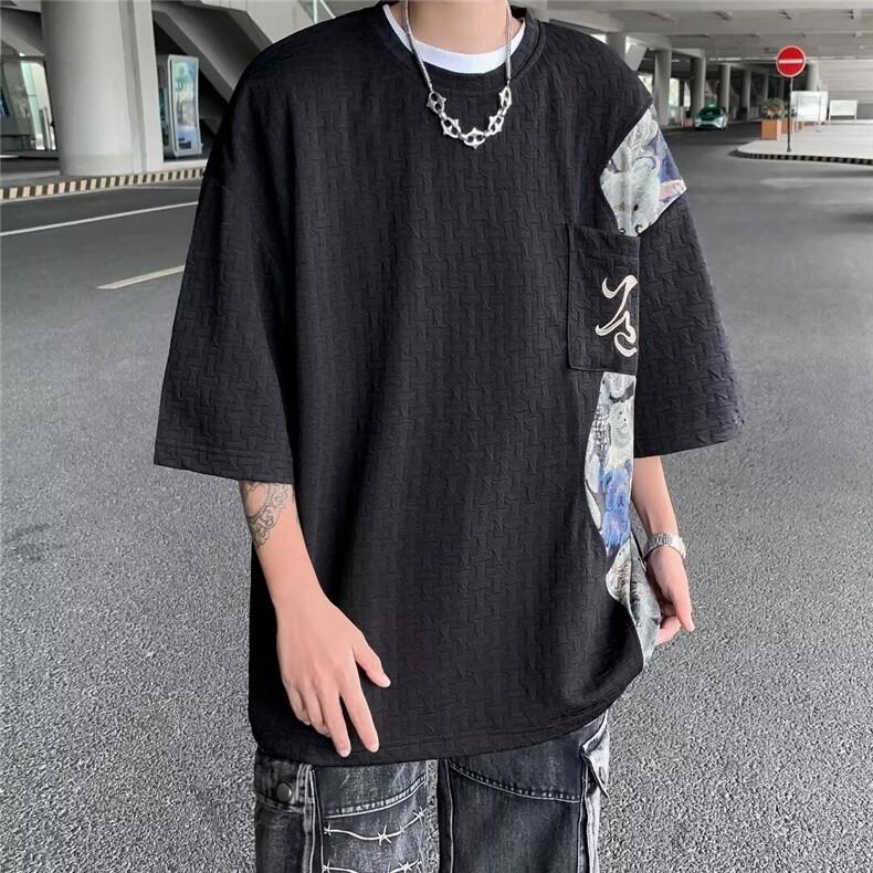 T恤男士短袖韩版潮流提花拼色2024夏季新款ins宽松体恤ST421-P32图片