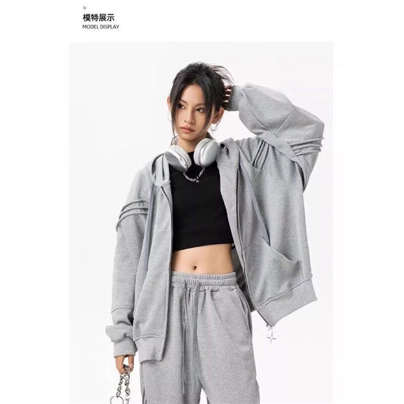 W9304-P60网图现货新款美式高级感宽松慵懒风连帽灰色卫衣开衫,男装卫衣,星座1608-2