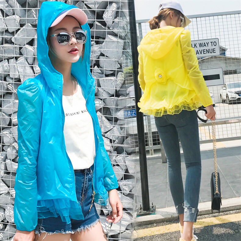 防晒衣韩版百搭甜美纯色长袖连帽拉链2021年夏季，女装防晒衣，奕阳依阁