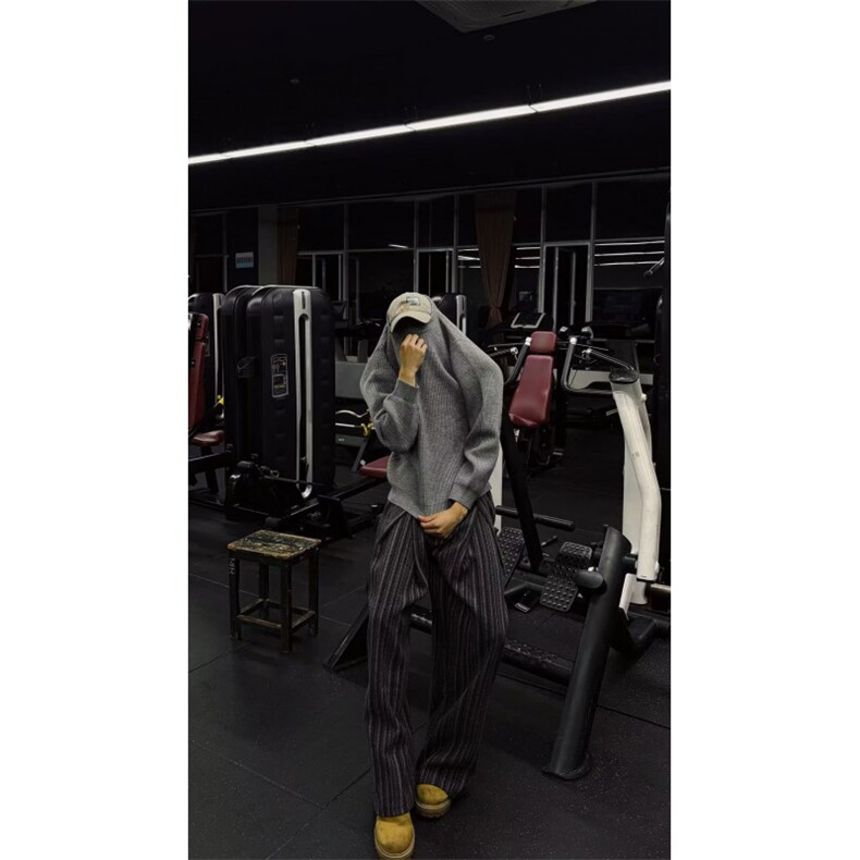 美式老钱风条纹休闲裤男女秋冬复古宽松阔腿垂感拖地裤LB0011-P58,男装休闲裤,星座1008