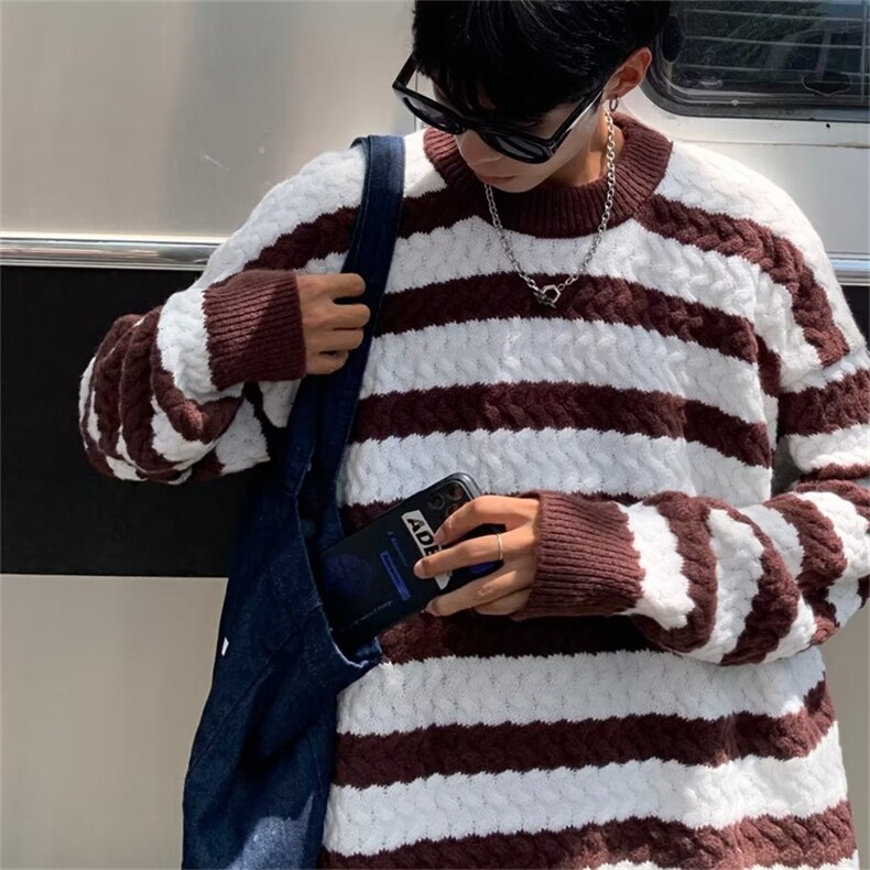 秋冬设计感潮牌圆领条纹毛衣男套头针织衫情侣外套毛衣M927-P56,男装针织衫/毛衣,星座512-2