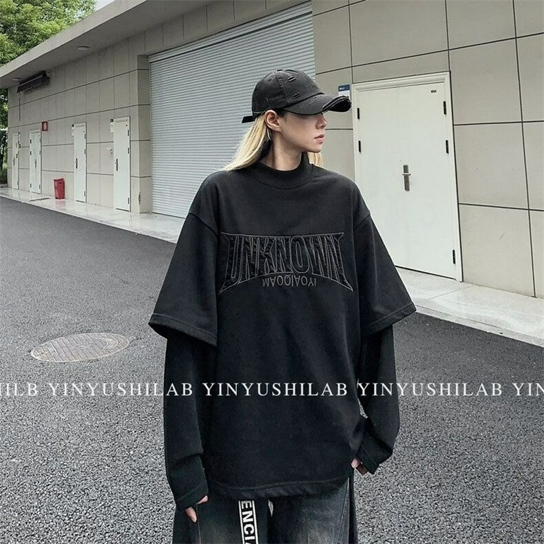 W11093-P43网图现货春季新款假两件刺绣T恤美式高街宽松上衣,男装T恤,星座1608