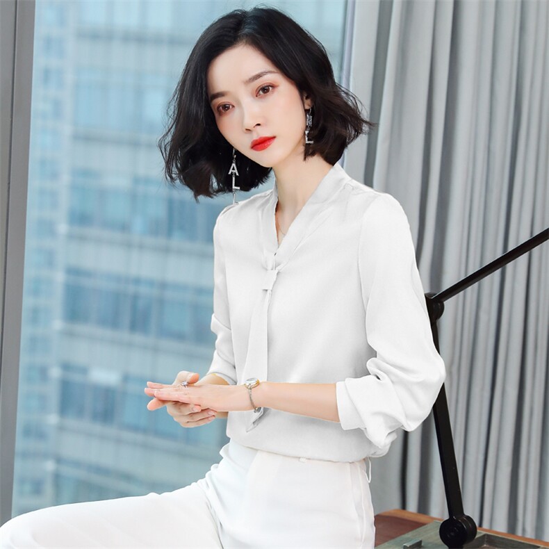 桑蚕丝长袖飘带上衣2023春季新款领带纯色系扣真丝衬衫黄色,女装衬衫,阿舍尔精品