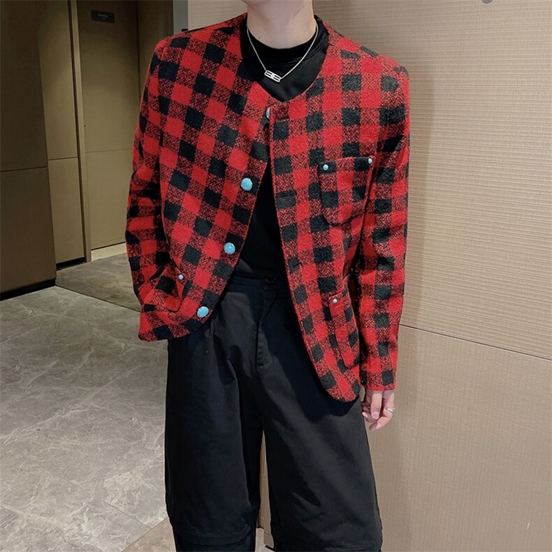 王嘉尔同款复古红色格子外套男时尚高级感小香风夹克JK2353-P130,男装夹克,电商B267