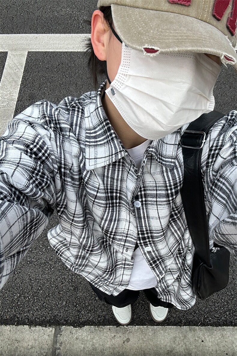 格子翻领长袖衬衫男宽松港风休闲百搭外套大码衬衣CS275-P35,男装衬衫,星座301C-5