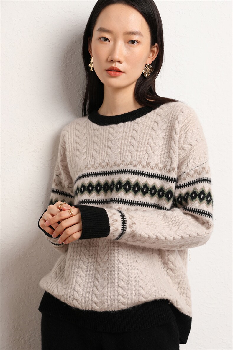 2024秋冬百搭复古提花圆领花园式宽松加厚保暖毛衣女,女装羊绒衫,五色羊羊绒