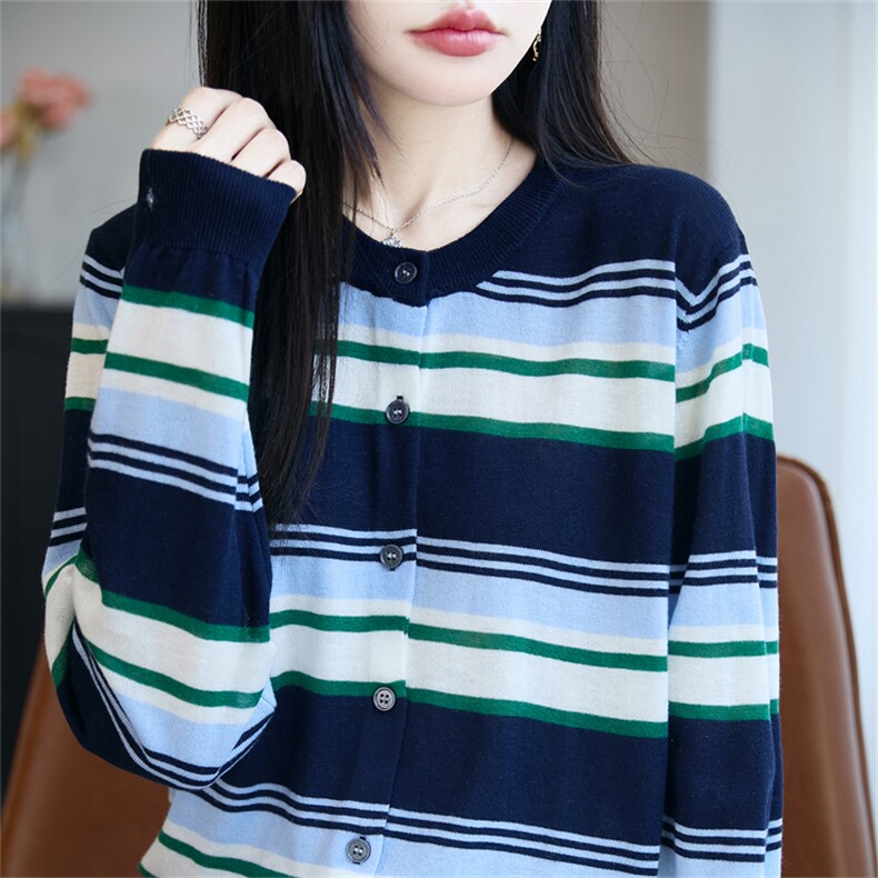 撞色条纹针织开衫女小个子外套薄毛衣2025新款洋气减龄外搭上衣,针织衫/毛衣,郡淞羊绒
