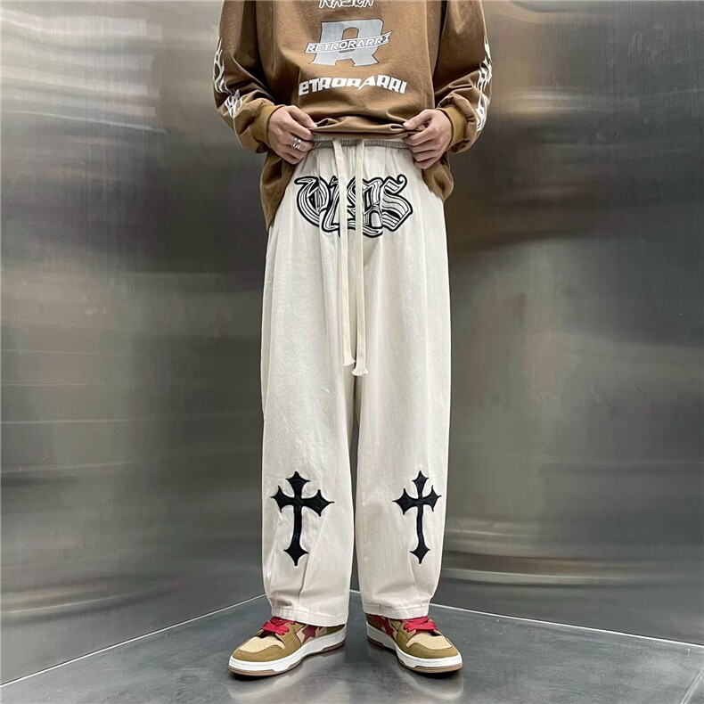 ER1913-P38原宿风十字架万针刺绣男潮牌ins阔腿老爹裤痞帅长裤子,男装休闲裤,电商C233
