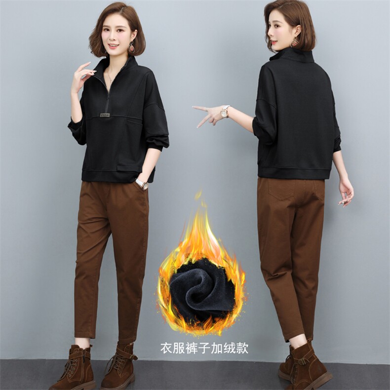 时尚印花卫衣套装女秋冬季加绒加厚宽松显瘦两件套休闲百搭长袖上衣+阔腿裤,女装套装/套裙,璐依舞