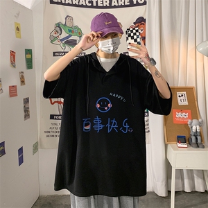 LD54183-P45 连帽短袖t恤男大码胖子带帽五分袖中袖 海报风图片