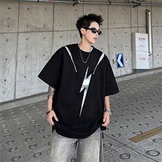 LR0285-P35原宿时尚简约百搭高街重磅圆领拉链ins潮流半袖T恤，男装T恤，电商C233