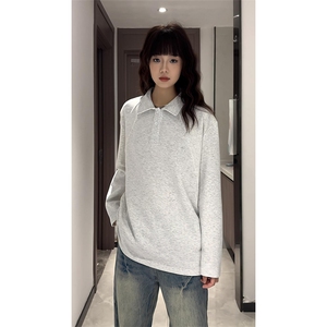抖音得物高品质美式高街重磅曼巴棉结构螺纹拼接翻领卫衣长袖T恤图片
