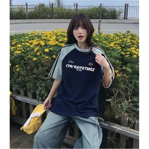 抖音得物品质二开240克宽松纯棉美式潮牌插肩三杠织带短袖T恤图片