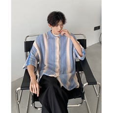 潮美式撞色短袖衬衫男女款夏季凉感潮流宽松翻领休闲针织衫薄款，男装T恤，星座601-2