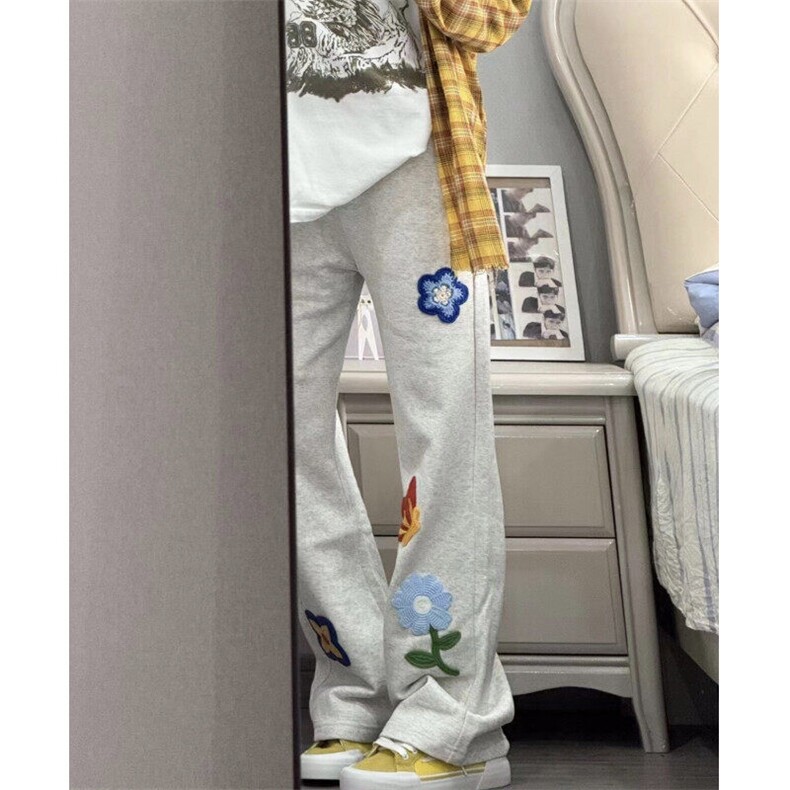 网图！现货2025春夏新款港风情侣装男女花朵休闲裤运动卫裤K25003，男装休闲裤，星座715-1