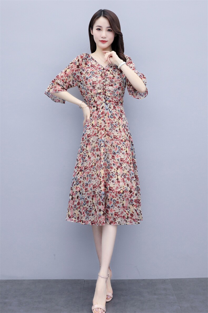连衣裙五分袖中长款印花2021年夏季淑女V领通勤花色,女装连衣裙,岚衣(原川流布茜）