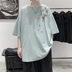 YT26382-P30亚麻短袖t恤男大码五分袖男宽松七分袖大皂风模特，男装T恤，电商A040