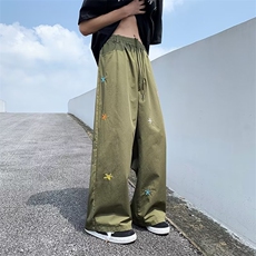 刺绣小花阔腿裤男韩版潮流高街帅气2024夏季新款ins长裤K3924-P39，男装休闲裤，星座412-3