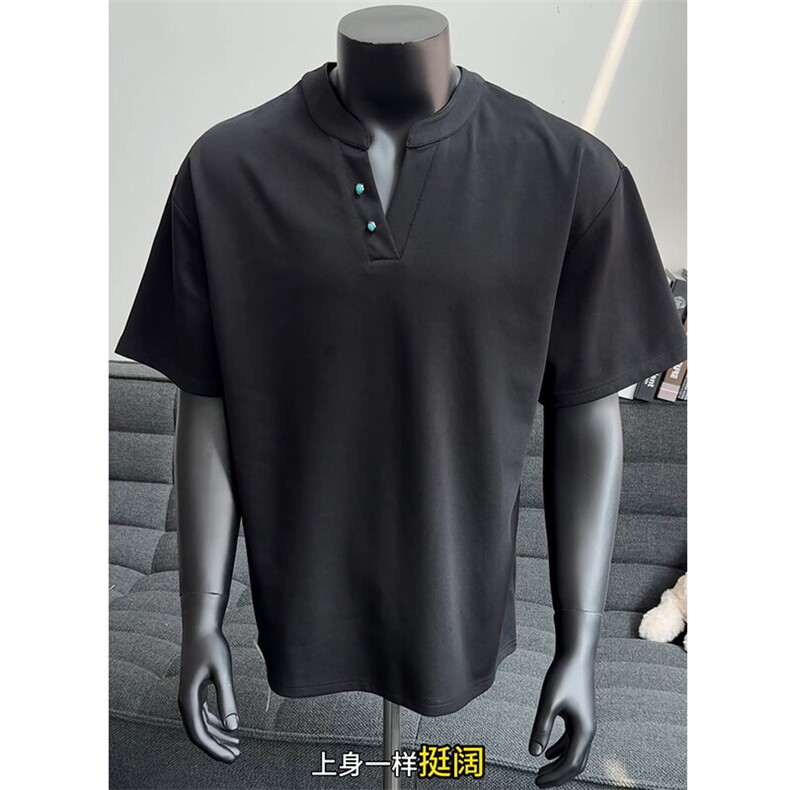 现货A20特P28 网图 龙叨叨同款潮流纯色高级感V领正肩短袖百搭T恤图片