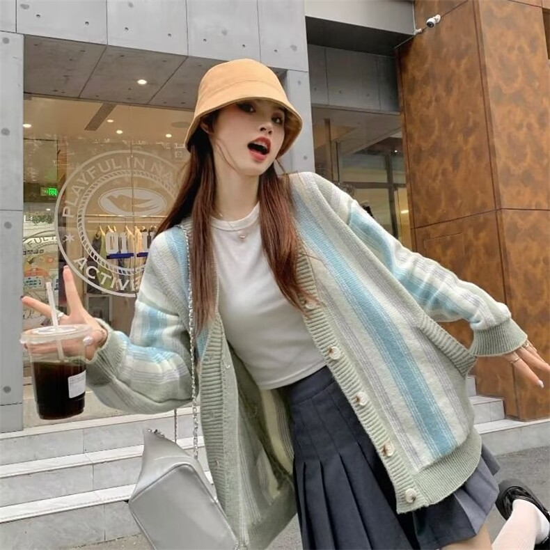 美式拼接彩色条纹针织衫毛衣女春秋季2026新款慵懒风宽松连帽开衫,男装针织衫/毛衣,星座516A