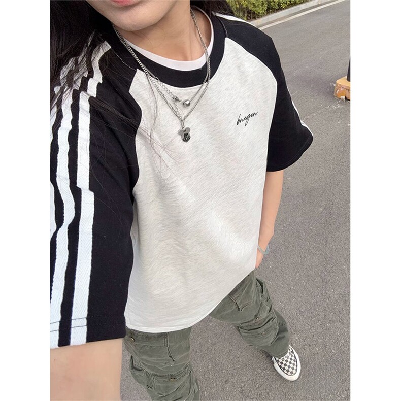 抖音得物品质二开240克宽松纯棉美式潮牌插肩三杠织带短袖T恤,男装T恤,电商A486