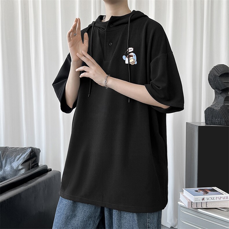 LD54239-P45连帽短袖t恤男大码胖子带帽五分袖中袖,男装T恤,电商A040