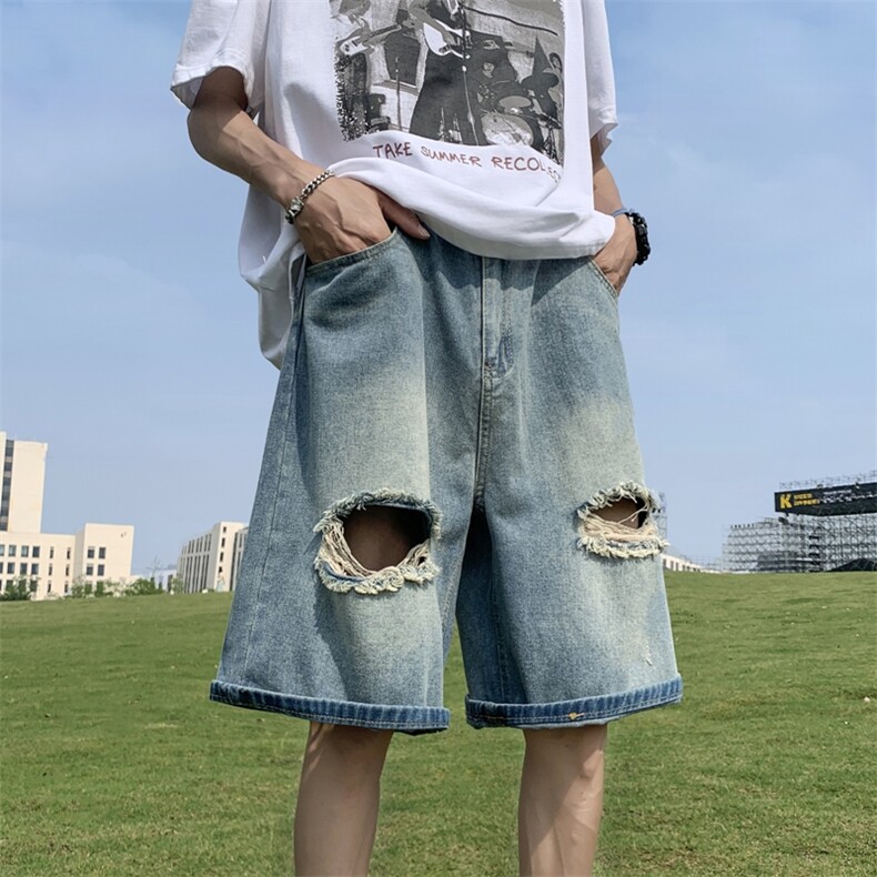 美式vibe牛仔短裤男士宽松阔腿破洞水洗五分裤NZK0234-批38控58,男装牛仔裤,星座617B