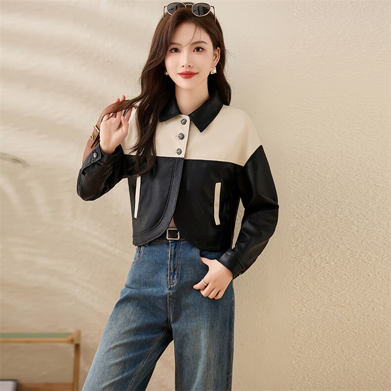 BK法式高档小香风外套女春秋白领皮衣夹克机车服女士时尚潮流拼接,女装皮衣,江南女神