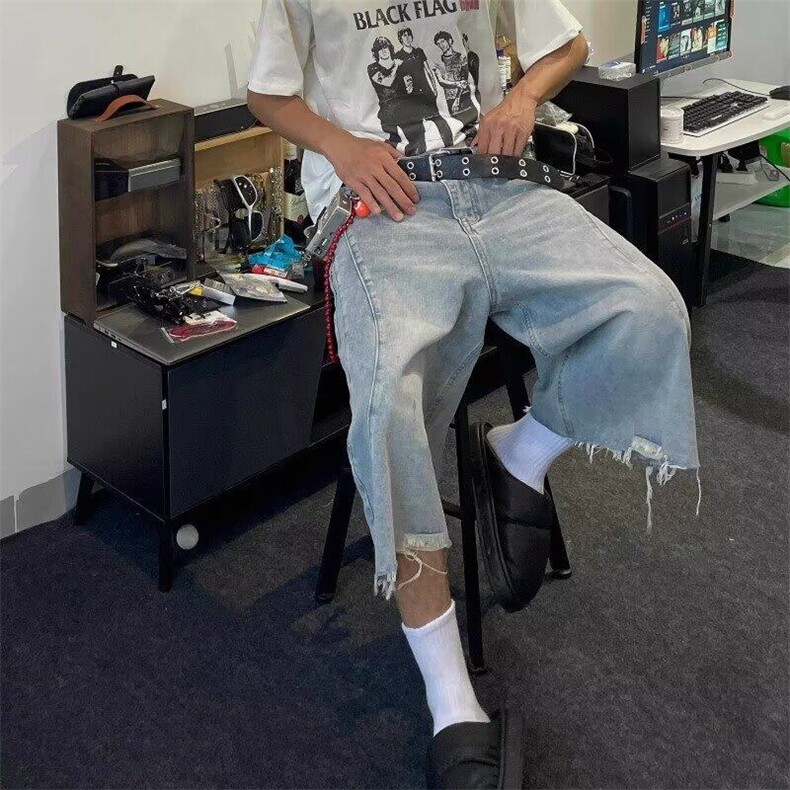 网图毛边破洞牛仔短裤男美式街头百搭宽松七分裤子,男装牛仔裤,星座410-7