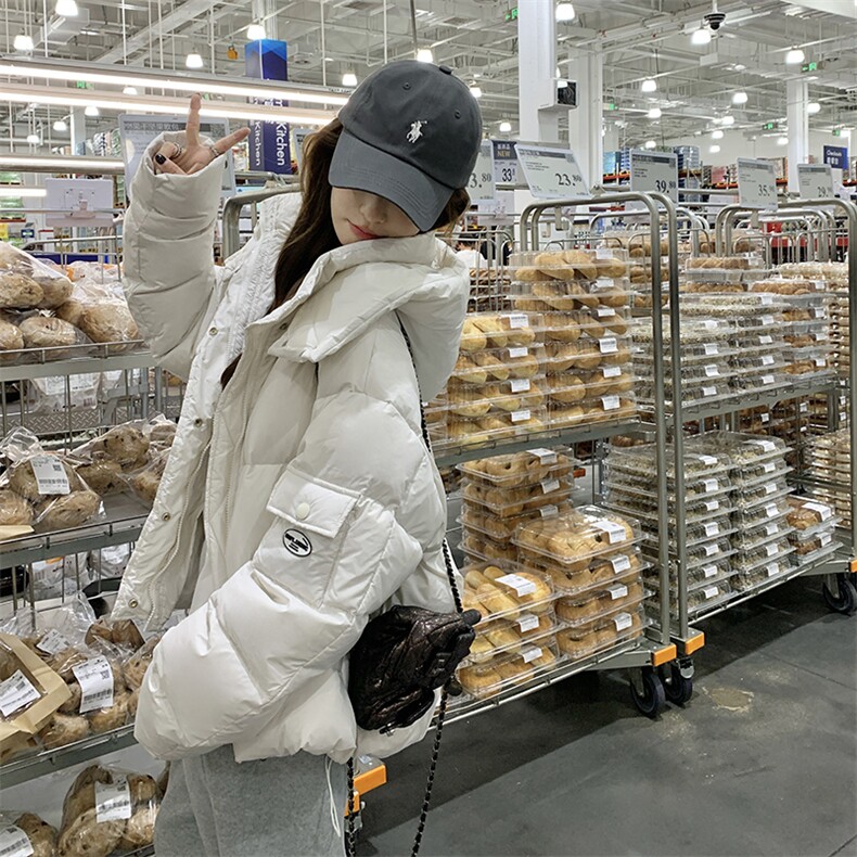 白色韩系高级感羽绒服外套女冬季小个子加厚连帽90白鸭绒面包服,女装羽绒服,2C201