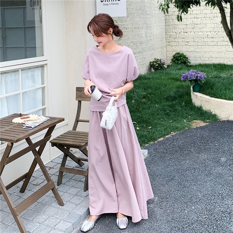 高级感泡泡袖紫色套装裙女2025夏季新款韩系显瘦上衣半身裙两件套,女装套装/套裙,2C168