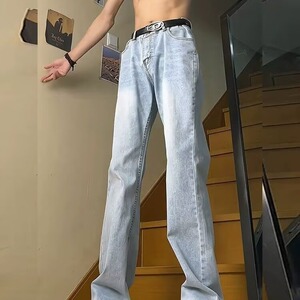 美式复古牛仔裤男春夏季新款高街宽松显瘦设计感阔腿直筒长裤子图片