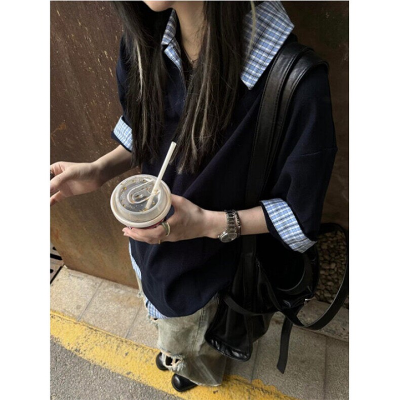 藏青色短袖polo衫男款夏季青少年小众假两件格子拼接T恤美式半袖,男装Polo衫,星座1116A（原606A-3）