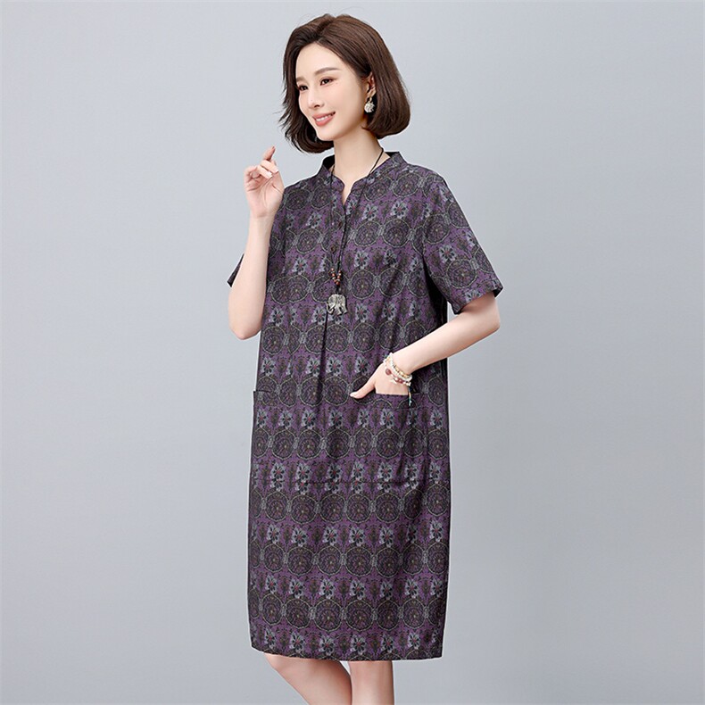 纯棉印花连衣裙女夏2025新款中年妈妈宽松大码遮肚子显瘦减龄裙子,女装连衣裙,依恋蒂丝