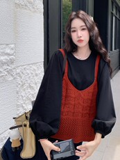 针织镂空背心上衣衬衫叠穿套装女秋巨好看绝美两件套女秋，女装套装/套裙，2B219