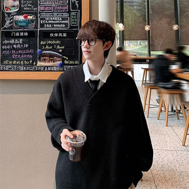 新款港风加厚内搭慵懒风纯色大V领针织衫上衣毛衣外套V29-P48，男装针织衫/毛衣，电商B245