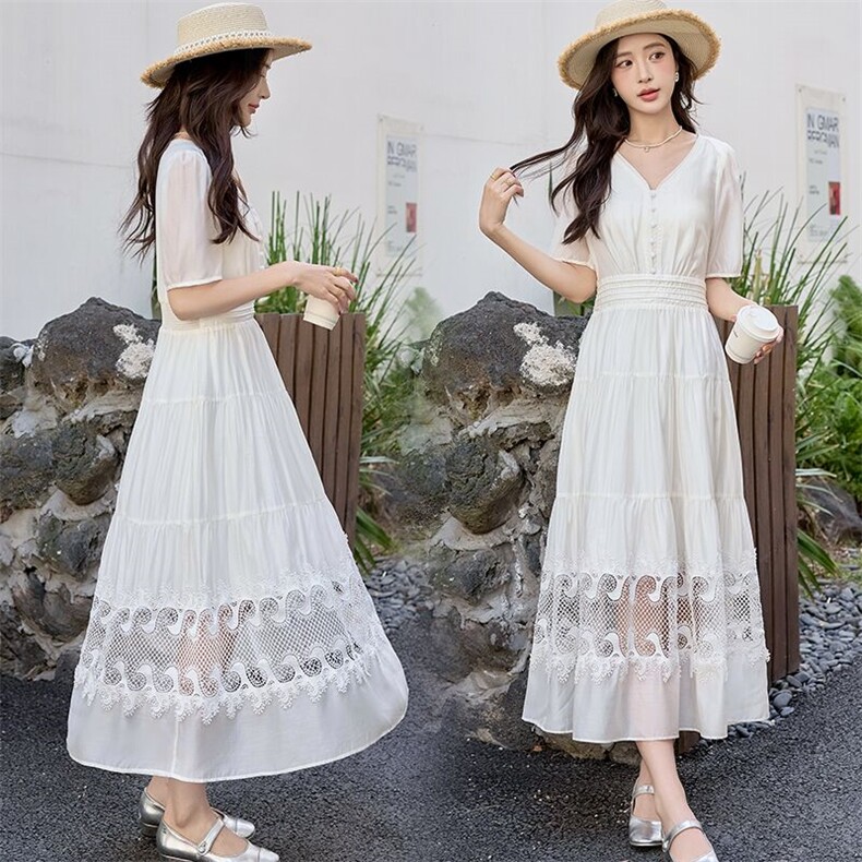 白色连衣裙女2026新款夏季绝美穿搭短袖蕾丝拼接显瘦高腰长裙子，女装连衣裙，美沁