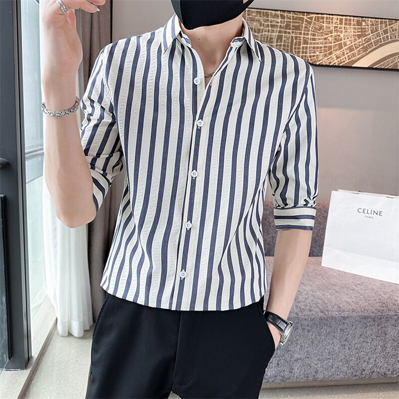 夏季男士七分袖印花衬衫男休闲修身条纹衬衣A236-A41-P55,男装衬衫,电商A236