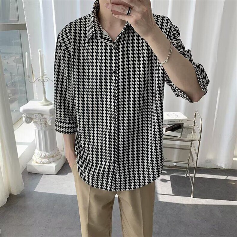 高级感七分袖衬衫男港风短袖条纹衬衣夏版潮流薄款设计感小众外套,男装衬衫,星座506