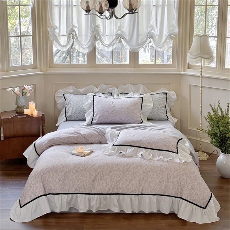 新款全棉斜纹法式优雅印花四件套繁花似锦系列，床品套件，一起卖家纺